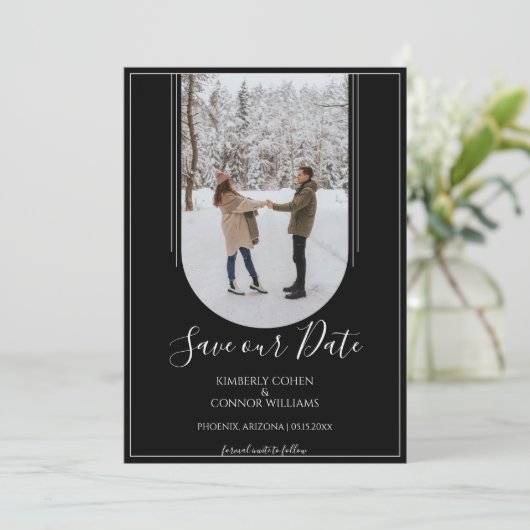 Boho Arch Foto Save the Date | Schwarz (Stehend Vorderseite)