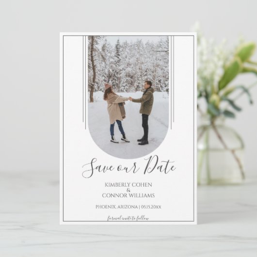 Boho Arch Foto Save the Date | Weiß (Stehend Vorderseite)
