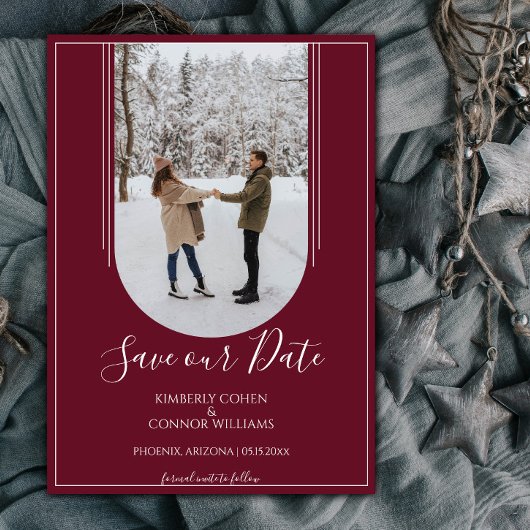 Boho Arch Foto Save the Date | Wine Red