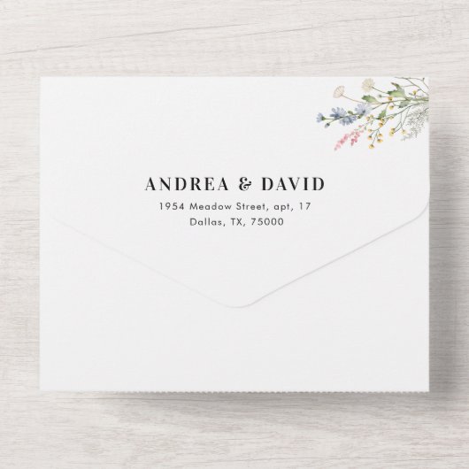 Boho Arch Foto Wildblumen & QR Code Wedding All In One Einladung (Rückseite)