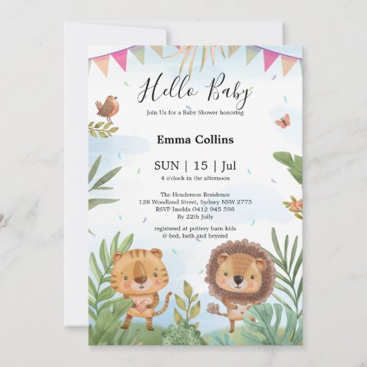 Boho Arch Greenery Woodland Animals Baby Shower Einladung (Vorderseite)
