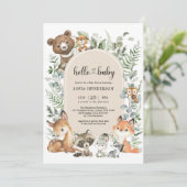 Boho Arch Greenery Woodland Animals Baby Shower Einladung (Stehend Vorderseite)
