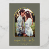 Boho Arch Minimalistisch Green Gold Foil Save the Folieneinladung (Vorderseite)