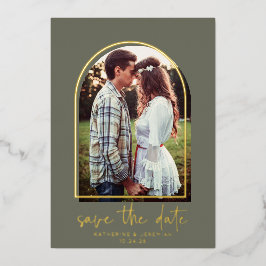 Boho Arch Minimalistisch Green Gold Foil Save the  Folieneinladung