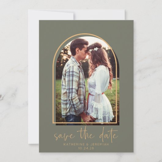 Boho Arch Minimalistisch Green Gold Save the Date (Vorderseite)