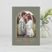 Boho Arch Minimalistisch Green Gold Save the Date (Stehend Vorderseite)