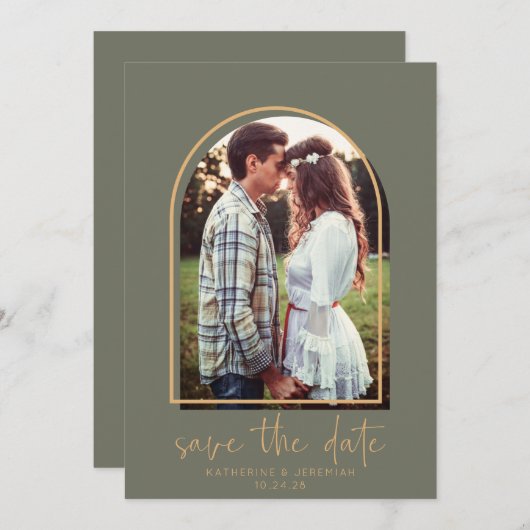 Boho Arch Minimalistisch Green Gold Save the Date (Vorne/Hinten)