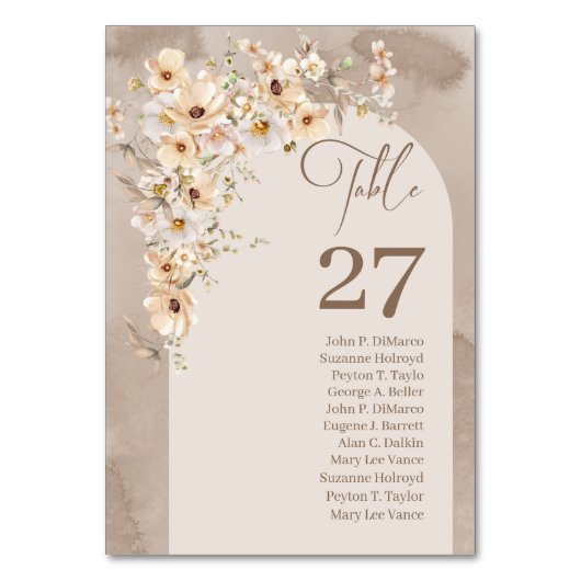 Boho arch neutrale Wildblumen mit Namen Tischnummer (Vorderseite)