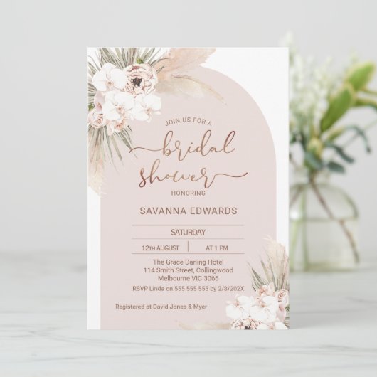 Boho Arch Orchards Pampas Grass Brautparty Einladung (Stehend Vorderseite)