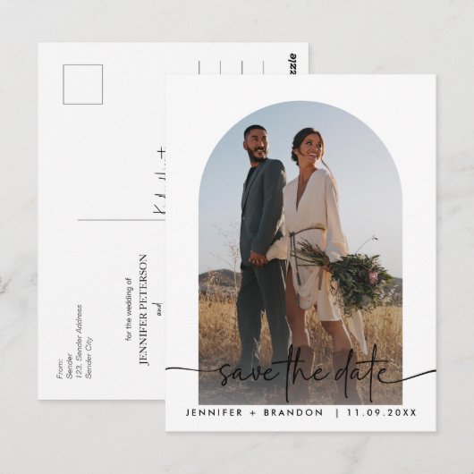 Boho arch overlay Calligraphy Save the Date Foto Postkarte (Vorne/Hinten)