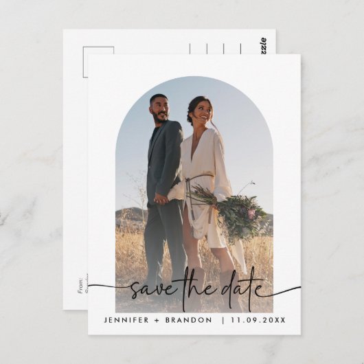 Boho arch overlay Calligraphy Save the Date Photo Postkarte (Vorne/Hinten)