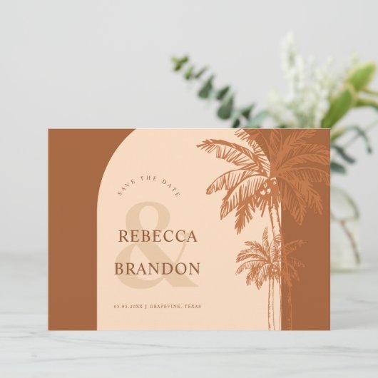 Boho Arch Palm Tree Beach Foto Save The Date (Stehend Vorderseite)