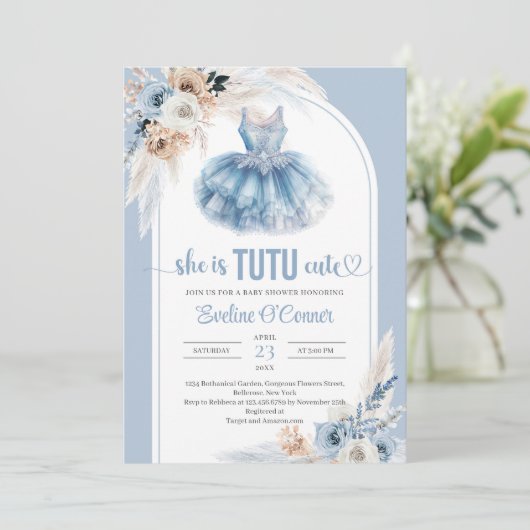 Boho arch pampas grass blauen Tutu Kleid Baby Dusc Einladung (Stehend Vorderseite)