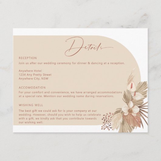 Boho Arch Pampas Grass Details Umschließungskarte Begleitkarte (Vorderseite)