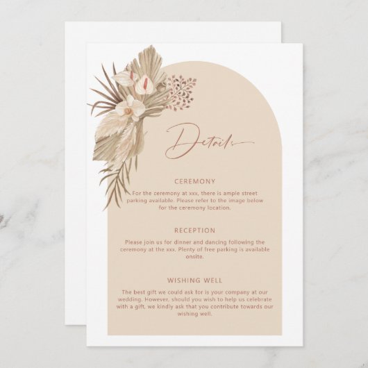 Boho Arch Pampas Grass Details Umschließungskarte Einladung (Vorne/Hinten)