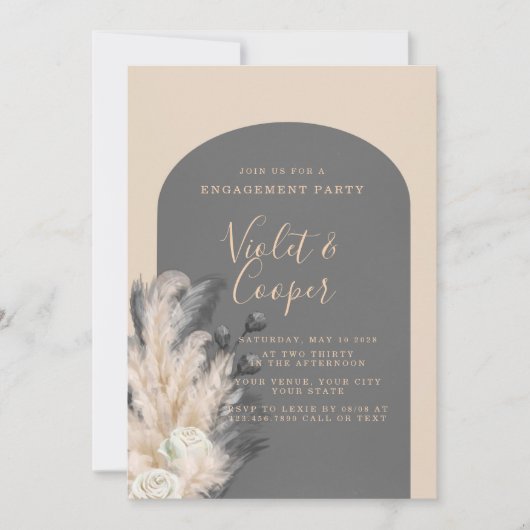 Boho Arch Pampas Grass Floral Engagement Party Einladung (Vorderseite)