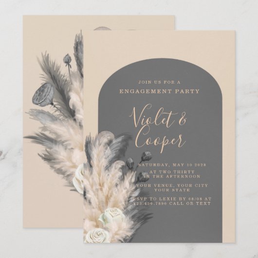 Boho Arch Pampas Grass Floral Engagement Party Einladung (Vorne/Hinten)