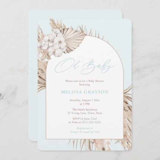 Boho Arch Pampas Grass Light Blue Boy Baby Dusche Einladung (Vorne/Hinten)