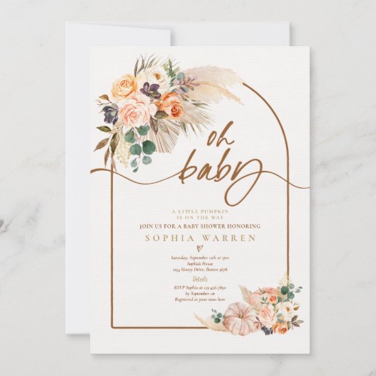 Boho Arch Pampas Grass Pumpkin Baby Shower  Einladung (Vorderseite)