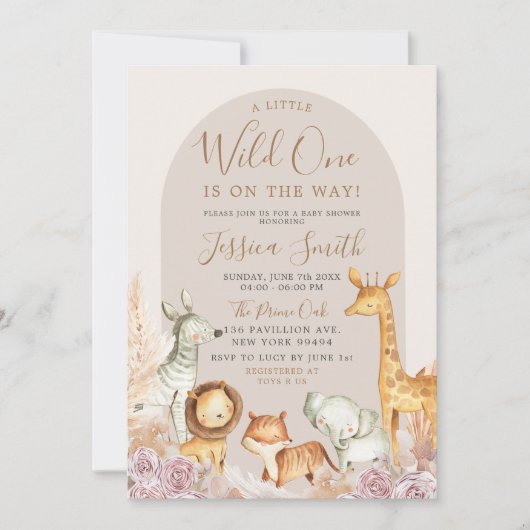 Boho Arch Pampas Grass Safari Wild One Baby Shower Einladung (Vorderseite)
