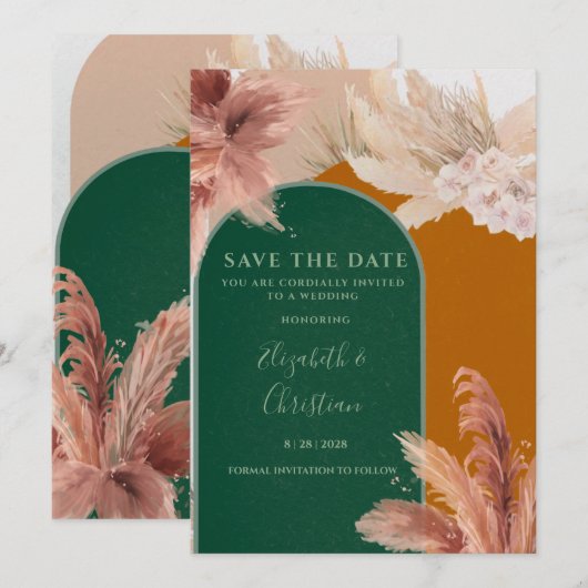 Boho Arch Pampas Grass Save the Date Einladung (Vorne/Hinten)