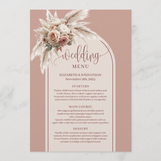 Boho Arch Powder Pink Pampas Floral Wedding Menu Menükarte (Vorderseite)