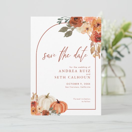 Boho Arch Pumpkin Fall Floral Terracotta Save The Date (Stehend Vorderseite)