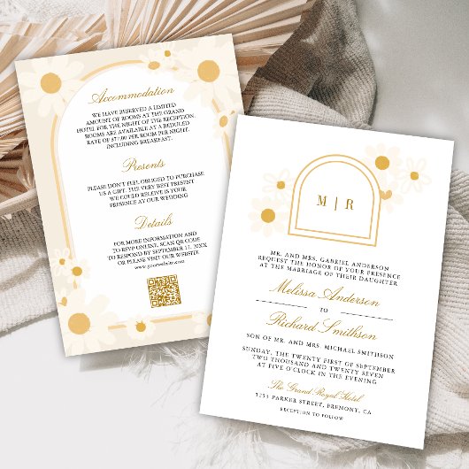 Boho Arch Retro Gelbe Daisy Alles in Einem Hochzei Einladung