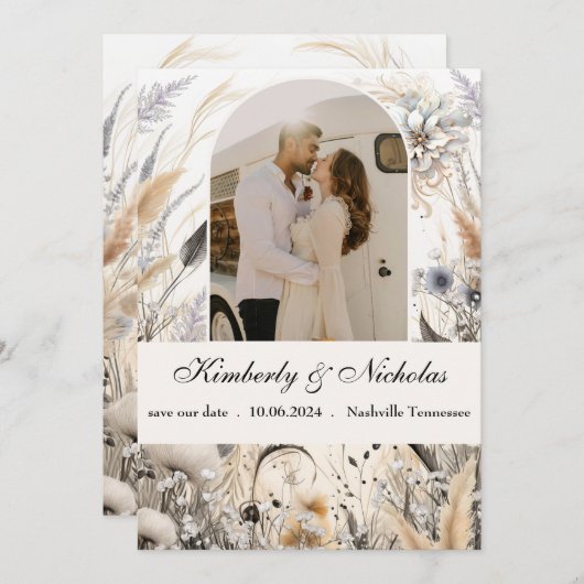 Boho Arch Rustic Earthy Pampas Floral Botanical Save The Date (Vorne/Hinten)