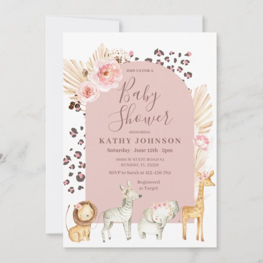Boho Arch Safari Jungle Animals Baby Shower Invit Einladung (Vorderseite)