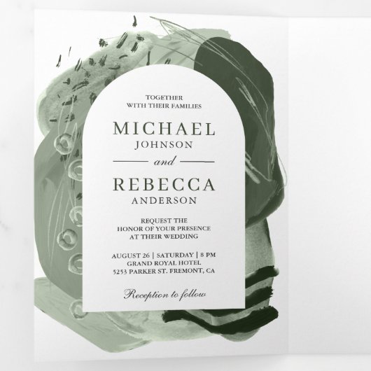 Boho Arch Sage Green Brush Strokes QR Code Wedding Dreifach Gefaltete Einladung (Innen Erste Seite)