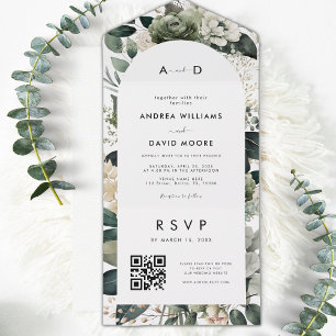 Boho Arch Sage Green Ivory Floral QR Code Hochzeit All In One Einladung