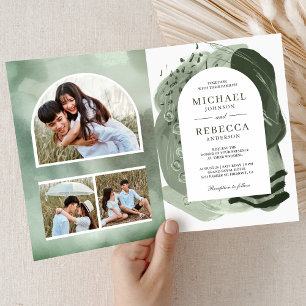Boho Arch Sage Grün Pinselstriche QR-Code Hochzeit Einladung