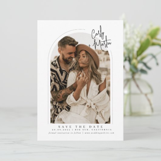 Boho Arch Save the Date Card Einladung (Stehend Vorderseite)