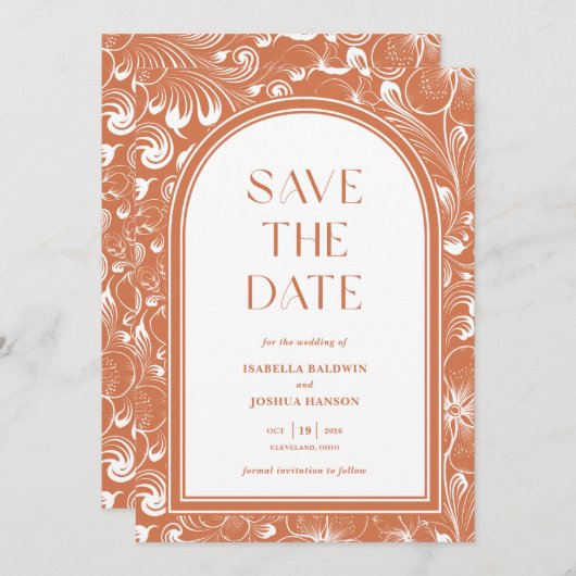 Boho Arch Terra Cotta Save the Date Einladung (Vorne/Hinten)
