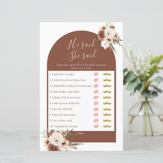 Boho Arch Terracota Er sagte, sie sagte Games Card (Stehend Vorderseite)