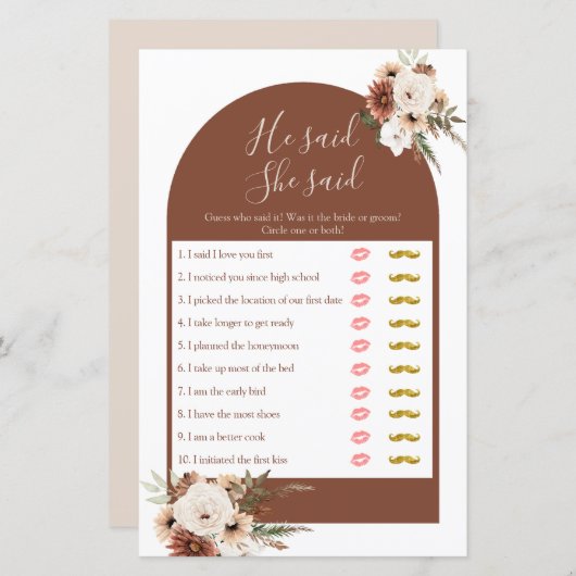 Boho Arch Terracota Er sagte, sie sagte Games Card (Vorne/Hinten)