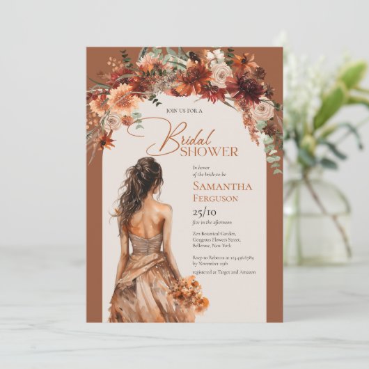 Boho arch terracotta Herbst Blumenstrauß Einladung (Stehend Vorderseite)