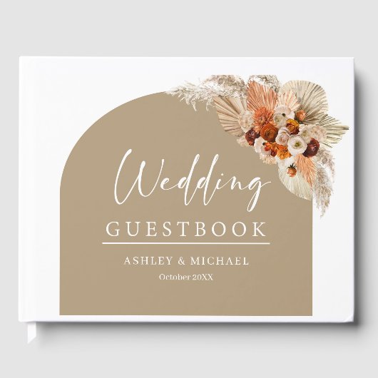 Boho arch tropische Terracotta orange Kupfer Blüte Gästebuch (Vorderseite)