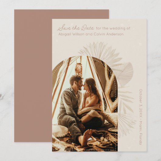 Boho Arch und Palm Terracotta Save the Date Einladung (Vorne/Hinten)