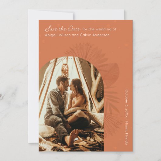 Boho Arch und Palm Terracotta Save the Date Einladung (Vorderseite)
