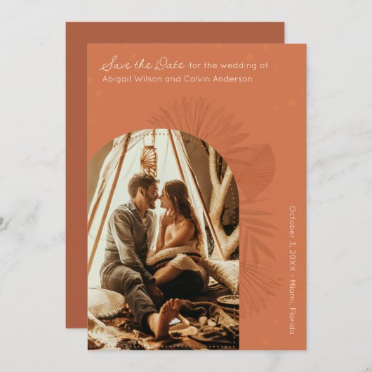 Boho Arch und Palm Terracotta Save the Date Einladung (Vorne/Hinten)