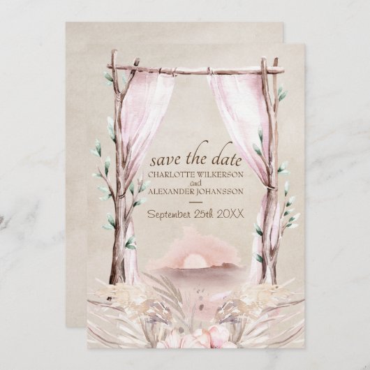 Boho Arch Watercolor Sonnenuntergang am Strand Einladung (Vorne/Hinten)