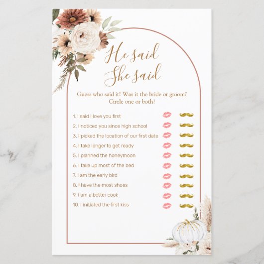 Boho Arch White Pumpkin Er sagte, sie sagte Game C (Vorderseite)