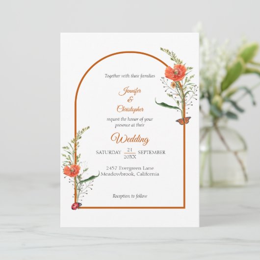 Boho Arch Wildblume Orange Wedding Einladung (Stehend Vorderseite)