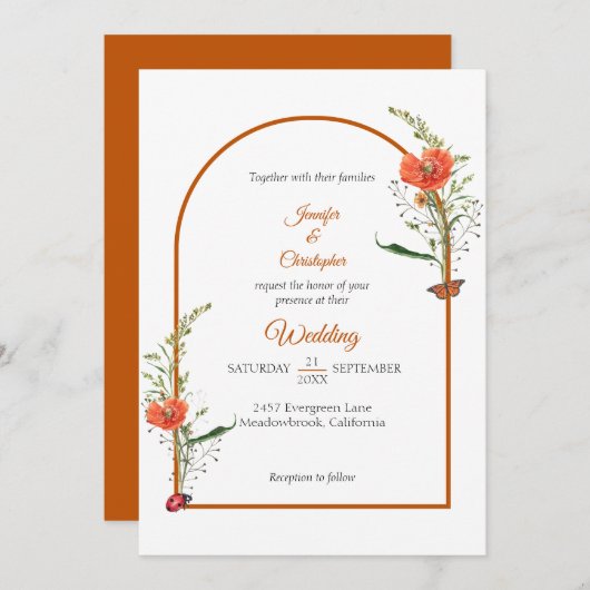 Boho Arch Wildblume Orange Wedding Einladung (Vorne/Hinten)