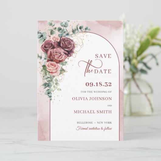 Boho arche blush borundy bloral eucalyptus gold save the date (Stehend Vorderseite)