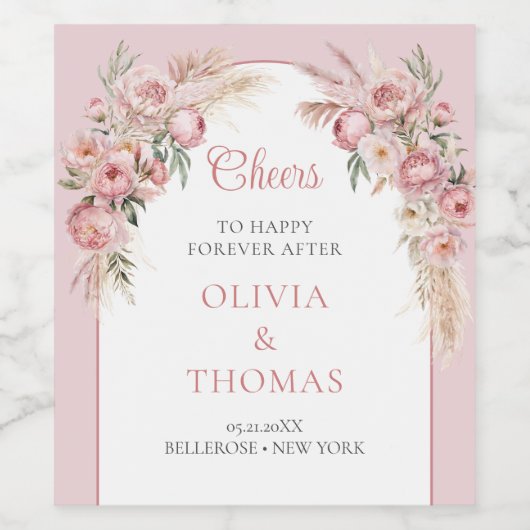 Boho arche blush peonas pampas gras eucalyptus weinetikett (Einzelnes Label)