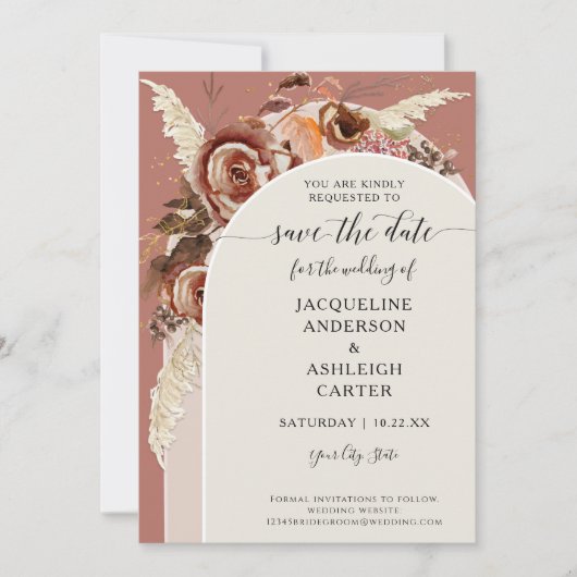 BOHO Arched BOHO Elegant Fall Floral Pampas Grass Save The Date (Vorderseite)