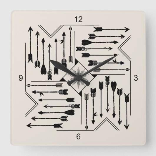 Boho Arrows and Sun V12 Sq ID748 Quadratische Wanduhr (Vorderseite)